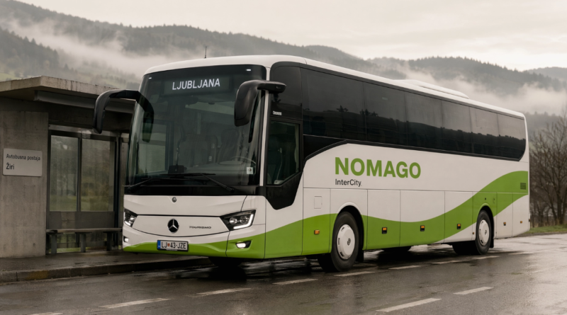 Medkrajevni avtobus družbe Nomago na avtobusnem postajališču ob podeželski cesti v jutranjih urah.