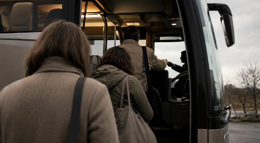 Potniki vstopajo skozi sprednja vrata medkrajevnega avtobusa pri voznikovi kabini.